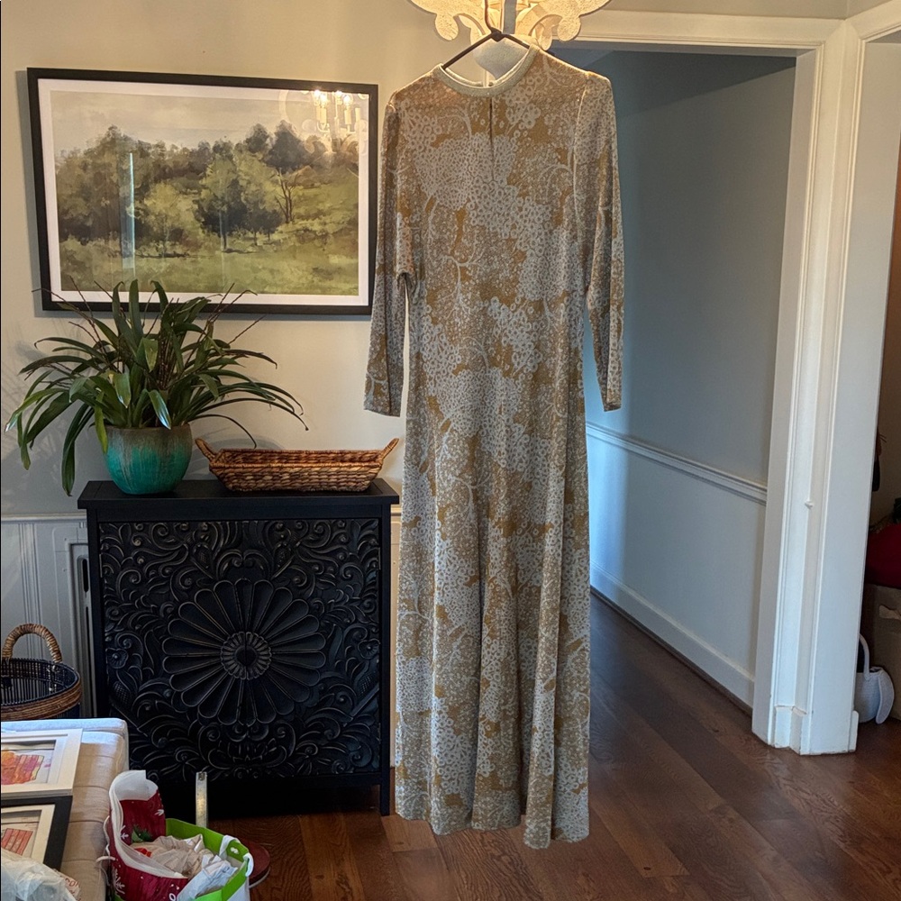 Vintage Long Sleeve Floral Dress in Gray and Gold